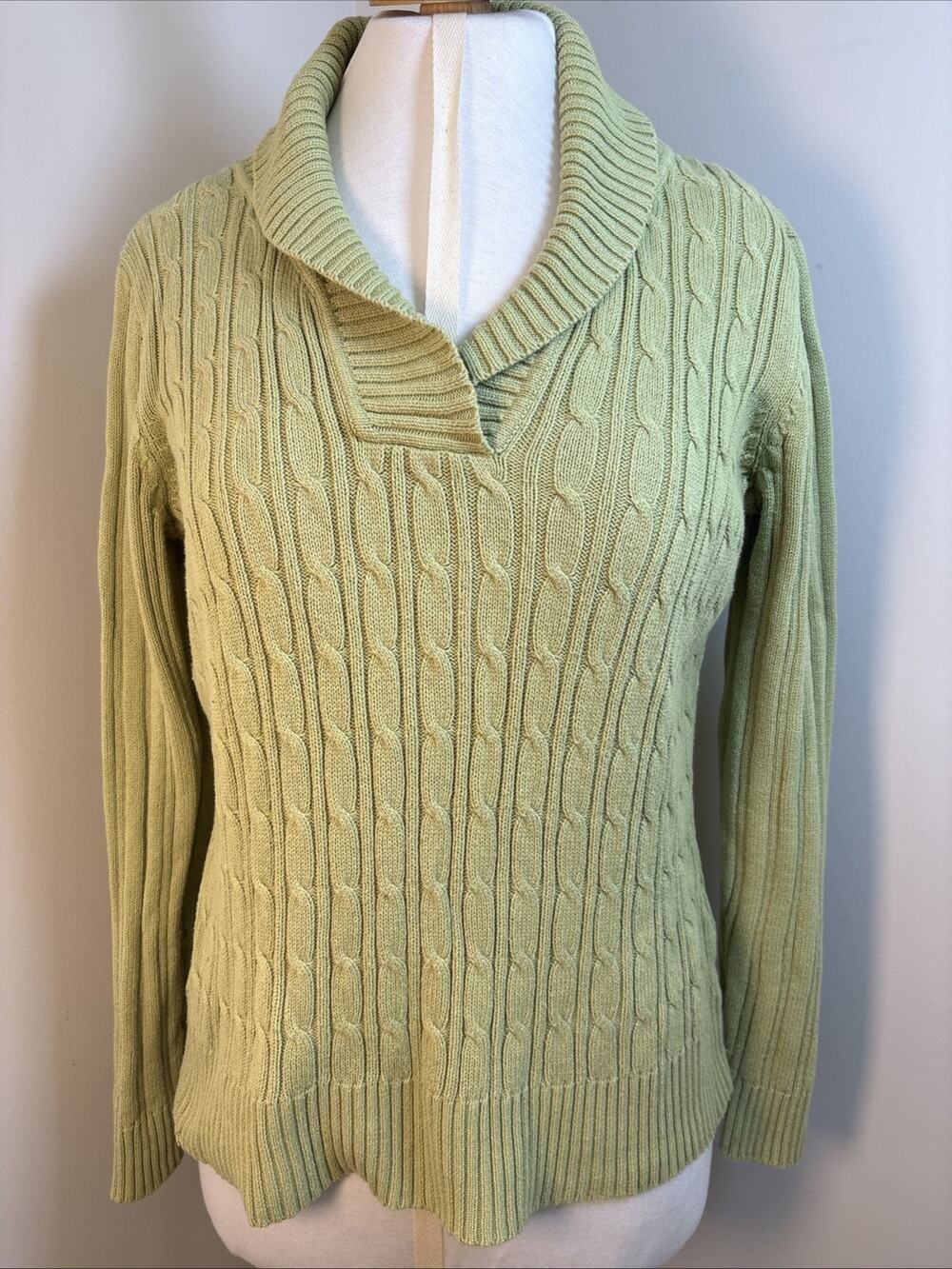 Liz Claiborne Cable Knit 100% Cotton Sweater Sage M Butter Mom Shawl Collar